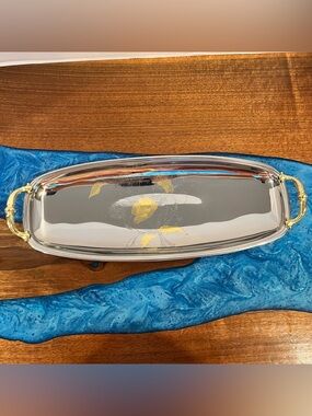 Inox 18/10 Serving Tray 15 1/2" with Gold Etched Flowers Made in Italy